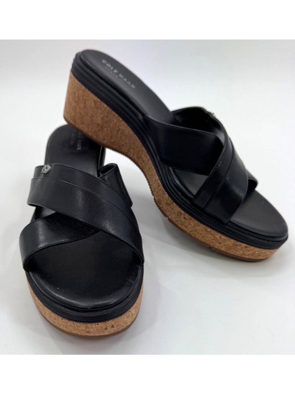Cole Haan Womens Grand.OS Briella Black Leather Cork Wedge Sandals Size 9.5